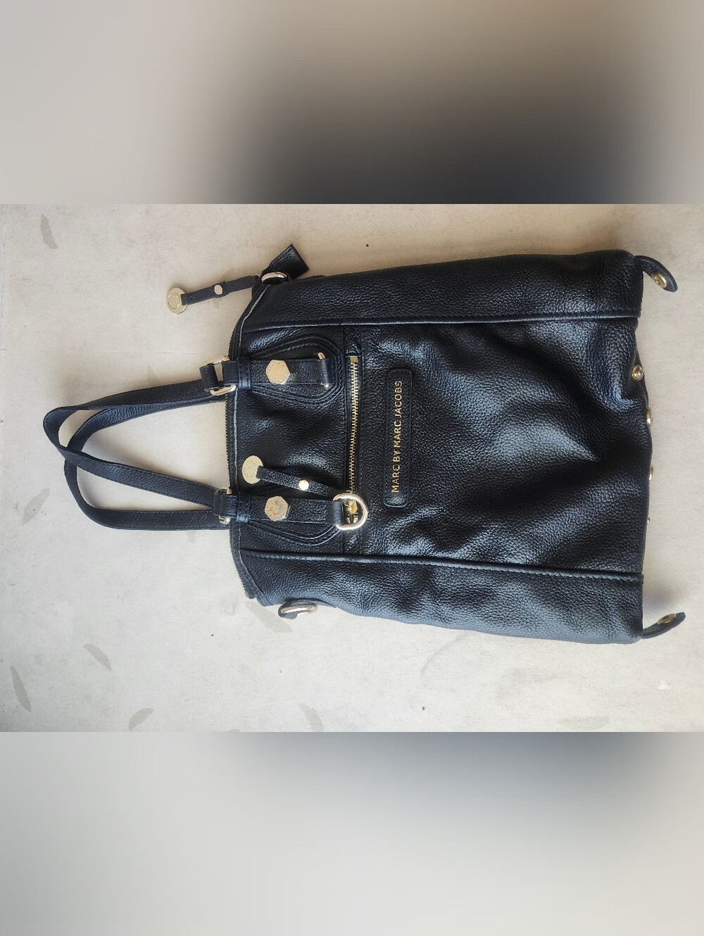 Marc by Marc Jacobs Black Pebbled Leather Tote with Gold Accents